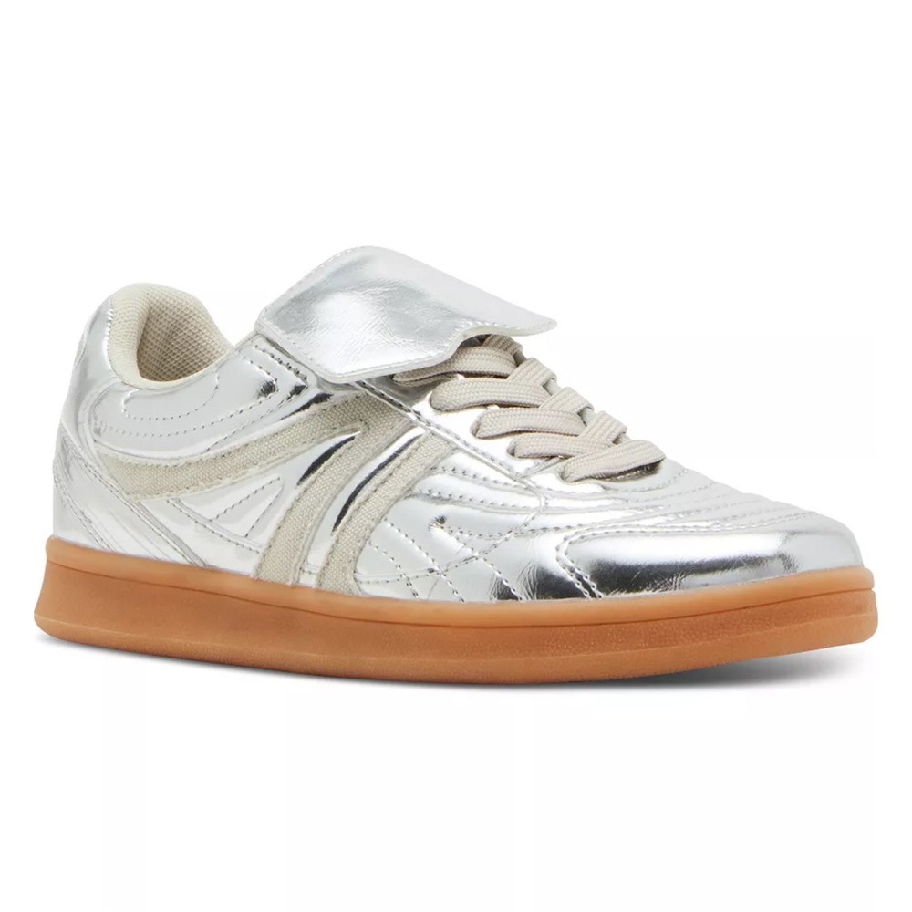 Women's Madrid Foldover Lace Up Sneakers Metallic Silver Sneaker size: 9.5